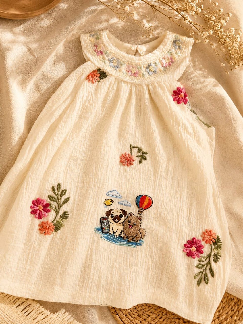 Cream child dress with floral and character embroidery