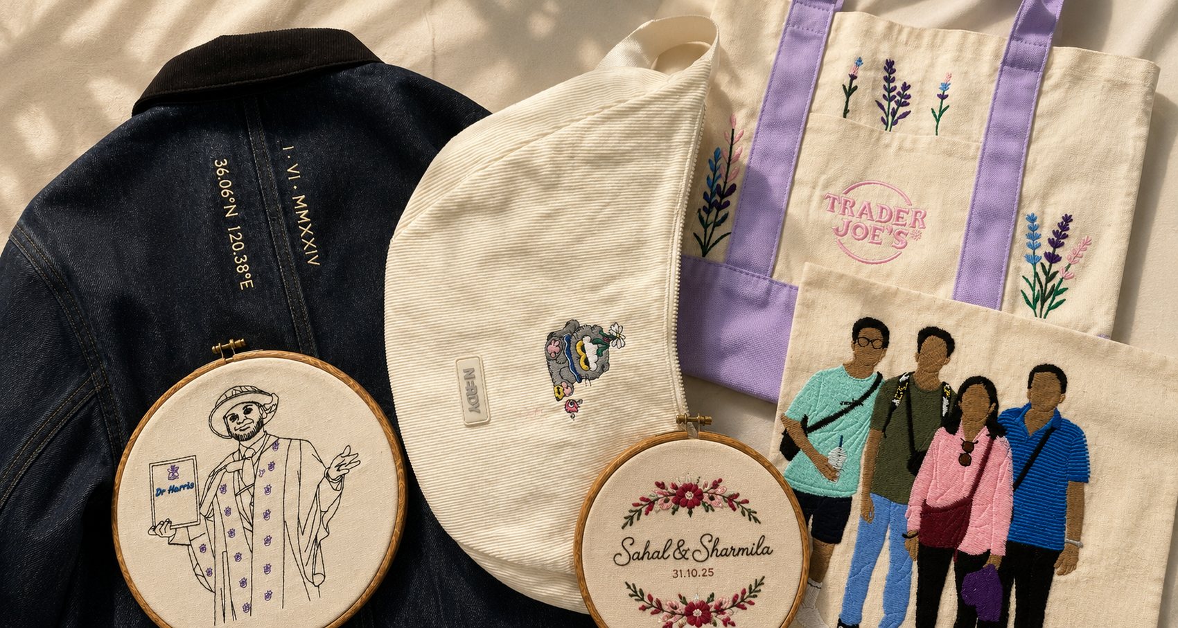 Custom embroidery Singapore collage featuring Jellycat embroidery Singapore, personalised plushie embroidery, tote bag embroidery and embroidered gifts