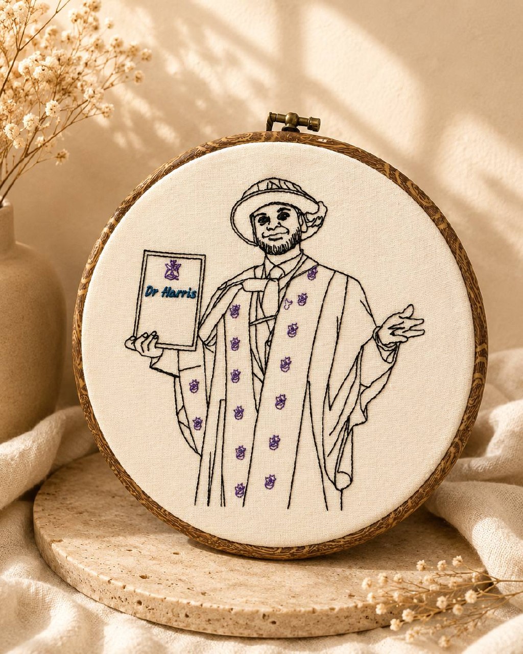 Line portrait embroidery in a wooden hoop