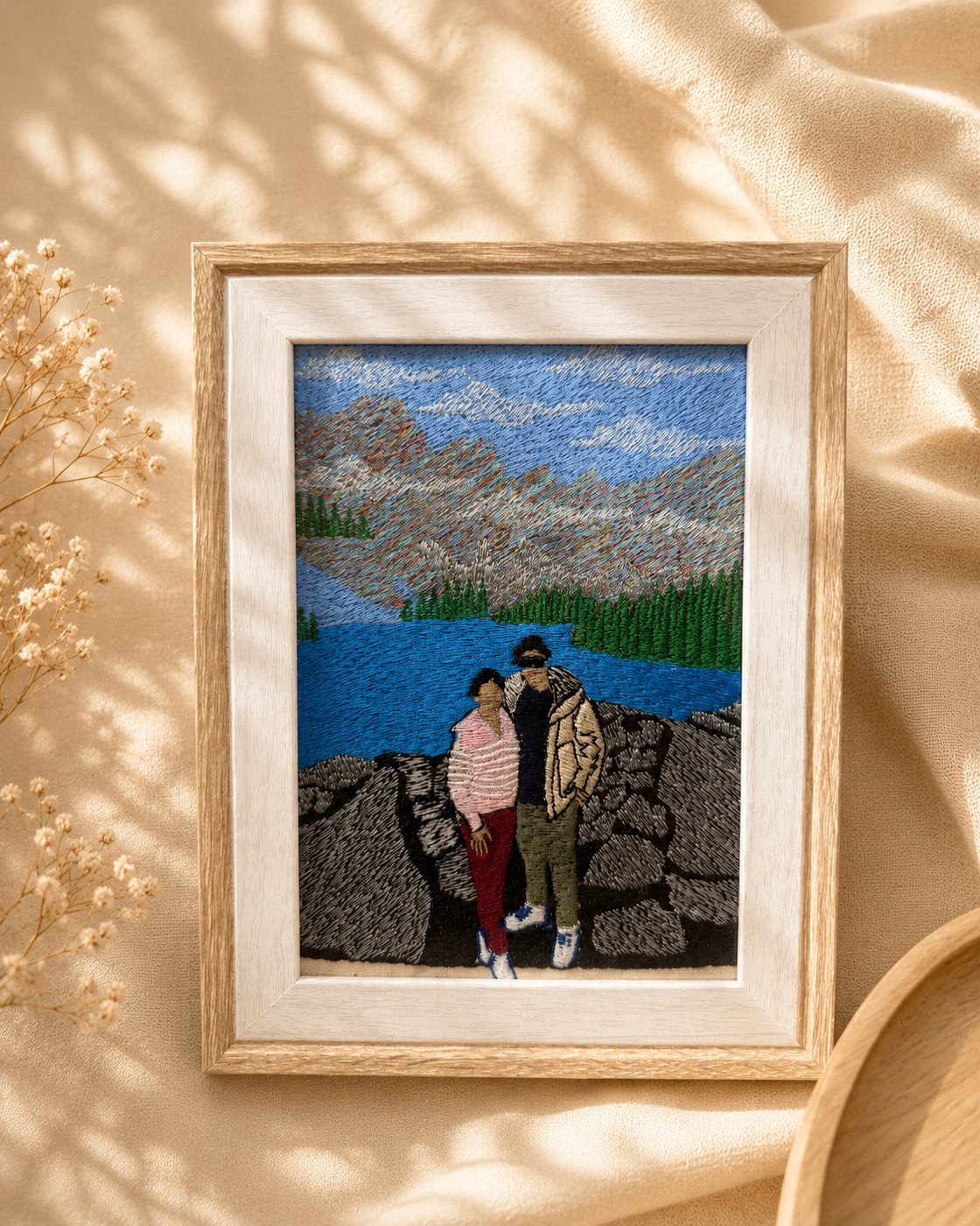 Custom embroidery Singapore framed landscape portrait with personalised couple embroidery