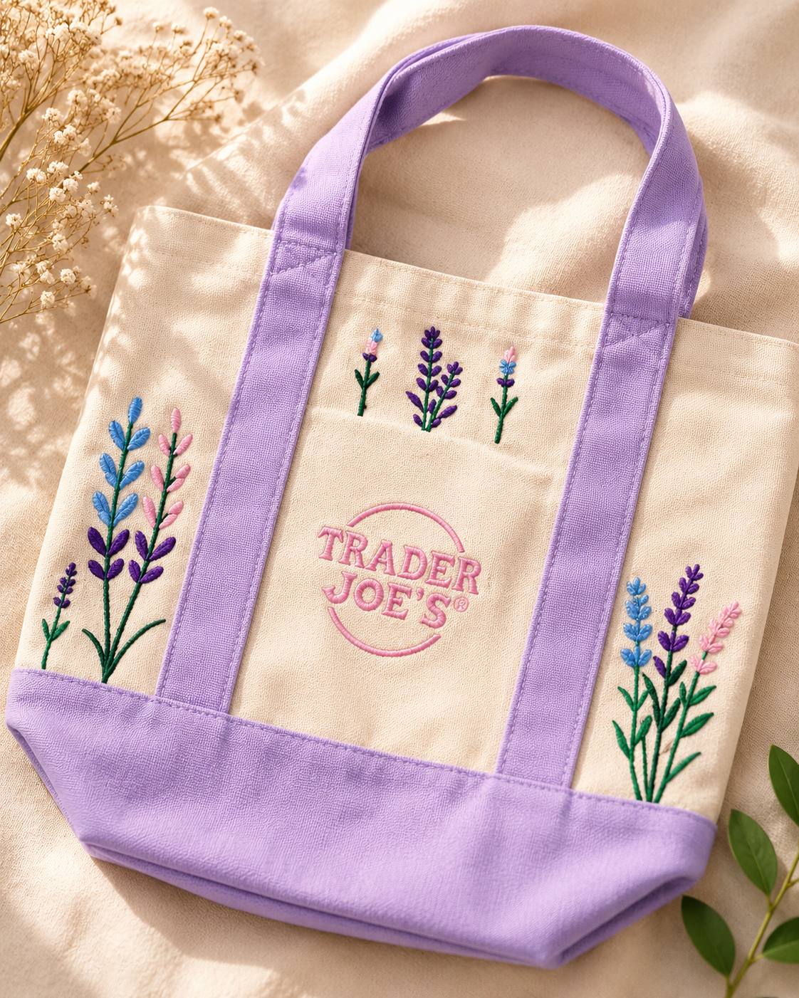 Canvas tote bag with lavender handles and floral embroidery